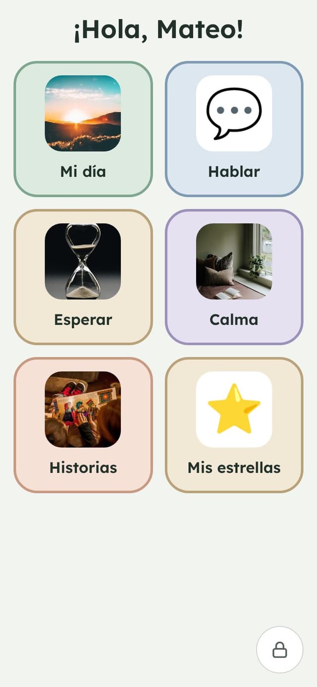 Espacio del niño con botones grandes: Mi día, Hablar, Esperar, Calma, Historias y Mis estrellas