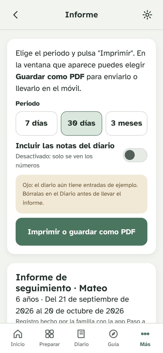 Informe de seguimiento para imprimir o guardar como PDF