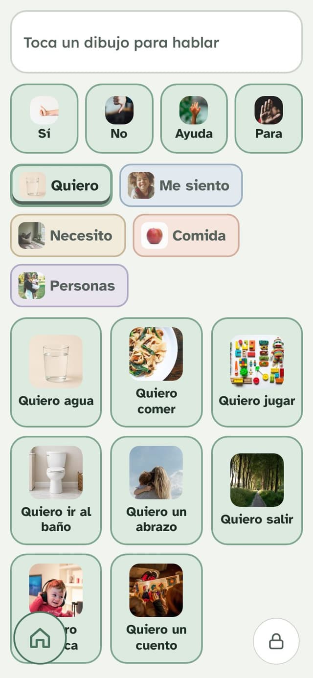 Tablero para hablar: botones con fotos como Sí, No, Ayuda, Quiero y Me siento